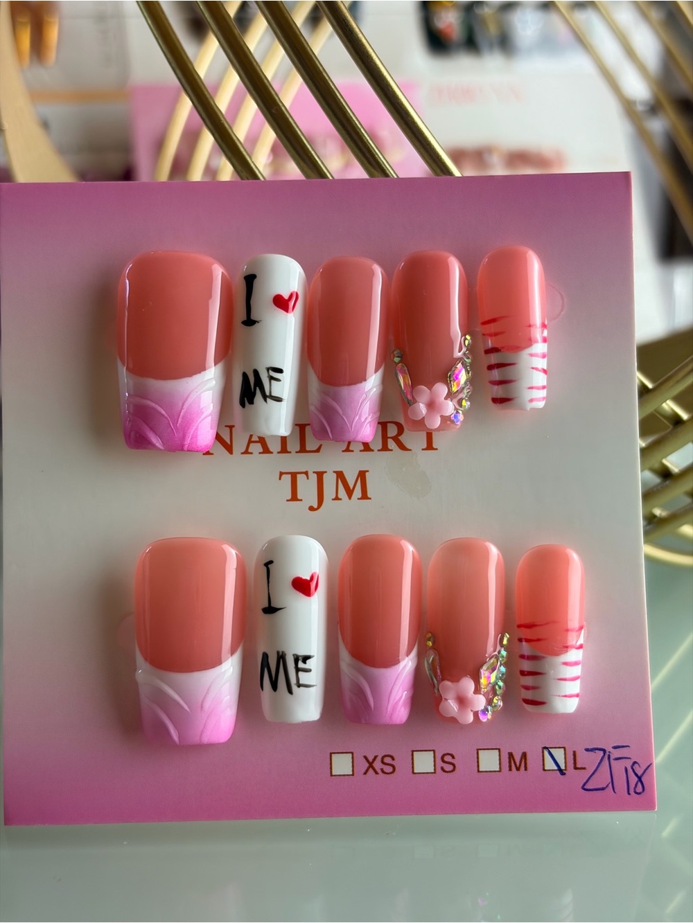 Pink Ombre Peach Nude Press-On Nail Set with Accent Hearts